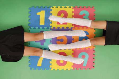 Two girls in knee-length socks on rug with numbers one, two, three, four, five, six, seven, eight, nine on green backgroundの写真素材