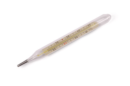 Medical mercury thermometer isolated on white background with soft shadow. Clipping path