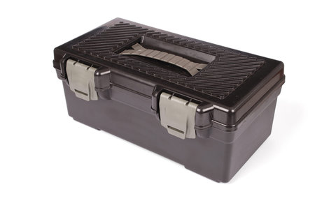 Black closed toolbox isolated on white background with soft shadow (Clipping path)