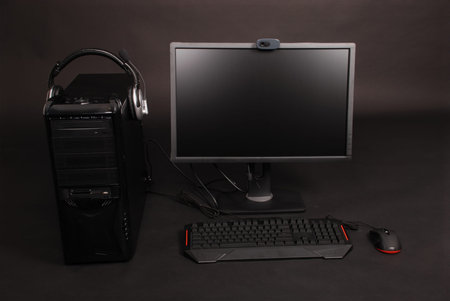 Personal Computer System: Keyboard, Mouse, Monitor. Isolated on white background black soft shadowの写真素材