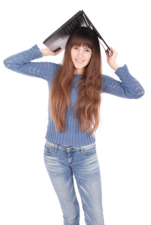 Portrait of student teenage girl with laptop isolated on whiteの写真素材