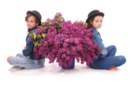 Two attractive girl sits with lilac. Isolated on a white backgroundの写真素材