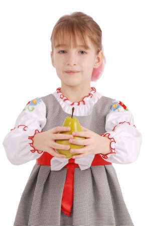 Smiling girl holding fresh pear isolated on white backgroundの写真素材