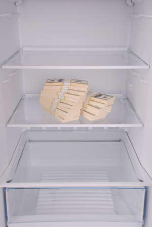 Dollars inside in empty clean refrigerator with opened doorの写真素材