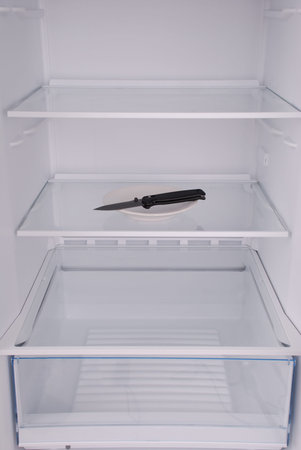 Knife inside in empty clean refrigerator with opened doorの写真素材