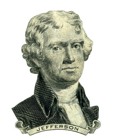 Portrait of former U.S. president Thomas Jefferson as he looks on two dollar bill obverse. Clipping path inside.
の写真素材