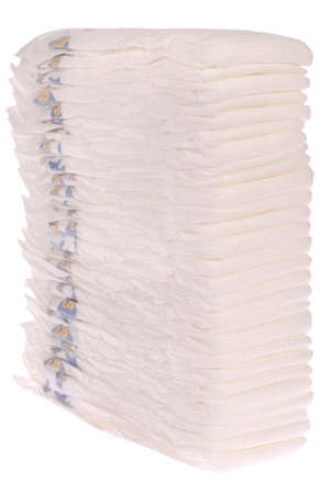 Stack of baby diapers on white. Clipping path included.の写真素材
