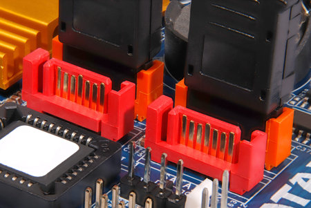 SATA socket, close-up of a blue computer circuit