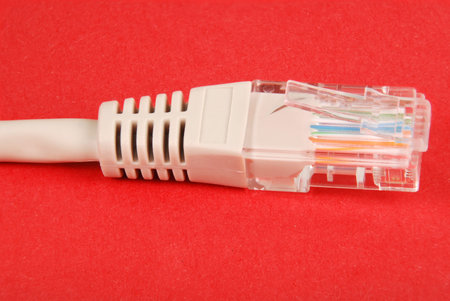 Lan cable and connector RJ45, isolated on red background. 