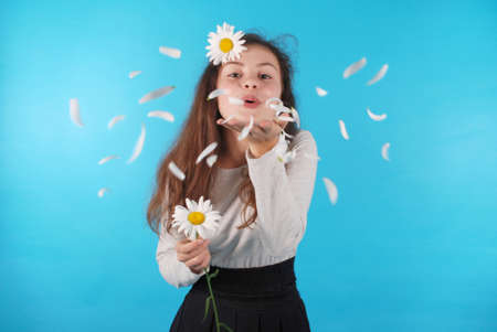 Girl blowing away chamomile petals on blue background in studioの写真素材