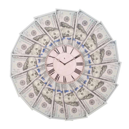Ñoncept of clock and dollar. Clock on mandala kaleidoscope from money. Abstract money background raster pattern repeat mandala circle. On white background.の写真素材