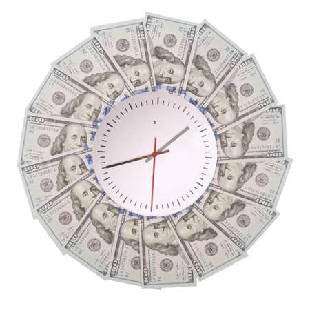 Ñoncept of clock and dollar. Clock on mandala kaleidoscope from money. Abstract money background raster pattern repeat mandala circle. On white background.の写真素材