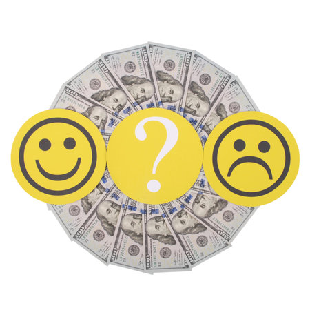 Question mark between smiley and sad smiley on mandala kaleidoscope from money. The concept of the...