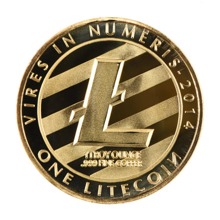 Golden litecoin isolated on white background. High resolution photo. With clipping path. Full depth...