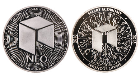 Silver neo isolated on white background. Front and back sides are shown. High resolution photo. With two clipping path. Full depth of field.の写真素材