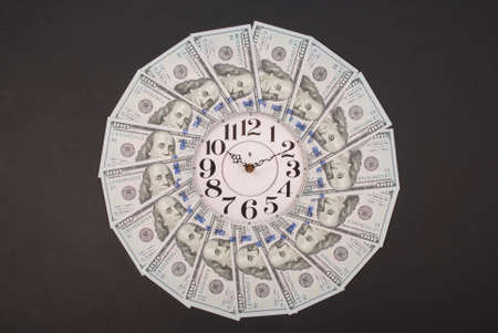 Concept of clock and dollar. Clock on mandala kaleidoscope from money. Abstract money background raster pattern repeat mandala circle. On black background.の写真素材
