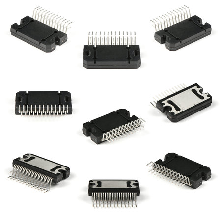 Nine new microchip low frequency amplifier ULF isolated on a white background. High resolution...