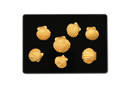 Golden seashell tablet pc isolated on wood background. High resolution photo. Full depth of field.