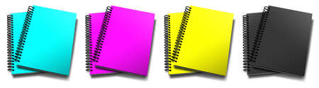 Empty spiral notebook CMYK. Illustration 3D rendering. Isolated on white background. の写真素材