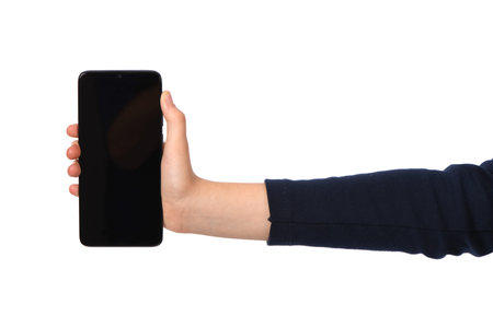 Man hand holding horizontal the black smartphone with blank screen. isolated on white background....