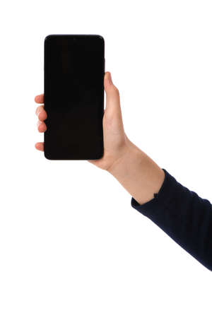 Man hand holding horizontal the black smartphone with blank screen. isolated on white background. High resolution photo. Full depth of field.の写真素材