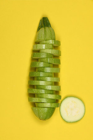 Perfectly retouched zucchini isolated on yellow. High resolution photo. Full depth of field.の写真素材