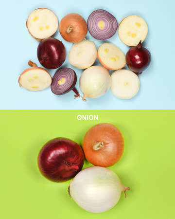 Creative layout made of three onion bulbs of different colors (red, yellow and white). High resolution photo. Full depth of field.の写真素材