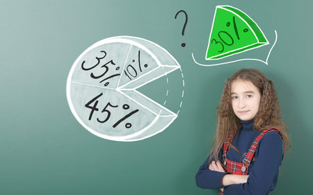Pre-adolescent girl drawing sketch pie chart graphs. Concept of the missing part. High resolution...