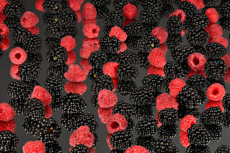 Raspberry and blackberry on black mirror. side view. High resolution photo. Full depth of field.
