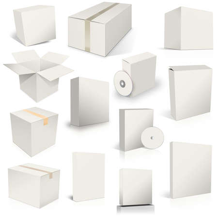Thirteen white Shipping Box and Software Boxes for layouts and presentation design. 3D rendering. Digitally Generated Image. isolated on white background.の写真素材