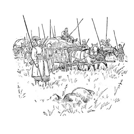 Illustration from the book Bohdan Khmelnytskyi, M. Starytskyi. CIRCA 1646: Cossacks near Lake Kayalnyk. The illustration shows an ancient Cossack cart and the weapons of the Cossacks of that time.のeditorial素材