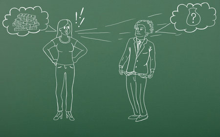 A young woman demands money from her husband, the man does show empty pockets. Quarrels, conflicts, misunderstandings. money crisis. Chalk draw cartoon style.の写真素材