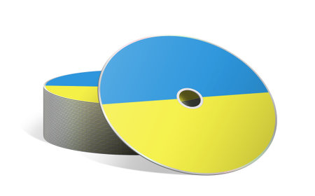 CD or DVD blank template Ukrainian flag for presentation layouts and design. 3D rendering. Digitally...