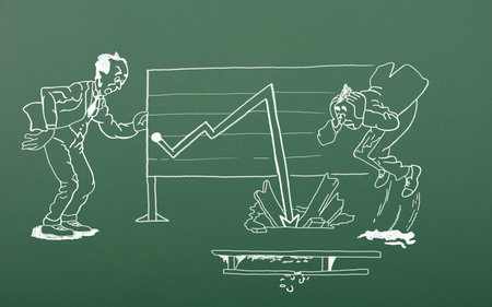 Two terrified businessman looking at financial graph. Graph going down so strong that it breaks through the floor. Flat design illustration concept sales bar chart with arrow which has strong moving down.の写真素材