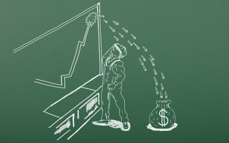 Cartoon draw style worker look at financial graph. Graph goes up and flows into a bag of money. Flat design illustration concept sales bar chart with arrow which has a financial boom.の写真素材