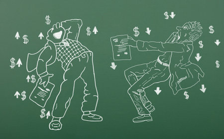 Two competing businessman holds company shares in his hands. First happy with rise of shares, second terrified with falling of shares. cartoon draw style.の写真素材