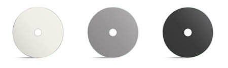 Three CD or DVD blank template white, gray and black for presentation layouts and design. 3D rendering. Digitally Generated Image. isolated on white background.の写真素材