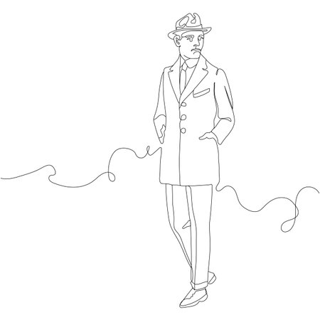 One solid line drawing of businessman stands and keeps his hands in pockets. Rise and success symbol in simple linear style. vector illustration.のイラスト素材