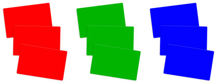 Three credit card blank template red, green and blue (RGB) for presentation layouts and design. 3D rendering. Digitally Generated Image. Isolated on white background.の写真素材