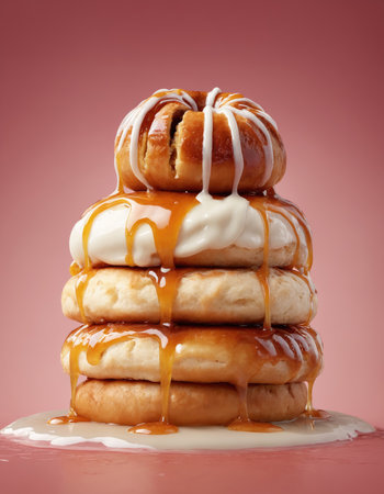 Cinnamon roll, dripping in juice, jelly. AI generated image. Delicious freshly baked cinnamon rolls. Macro of 'maxi' roll with shallow dof.の素材