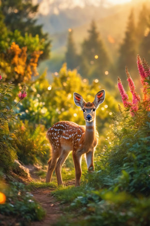 Fawn in nature in backlight. Fawn on the outskirts of the forest. Created with AI.の素材