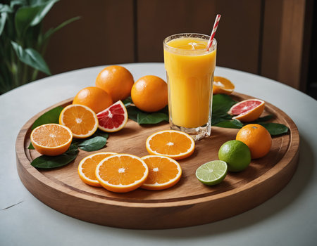 A glass of orange juice bloom refrigeration effect. On a wooden tray two orange and mint leaves. Next to the green and red straws. Created with AI.の素材