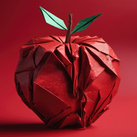 Origami apple with spine and leaf. Created with AI.の素材
