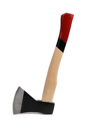 Ax with wooden handle. Tools side view.