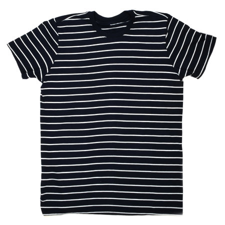 Black and white striped T-shirt template ready for your own graphics. Isolated on white. Flat Lay Down Isolated Image of T-Shirt Front View.の写真素材