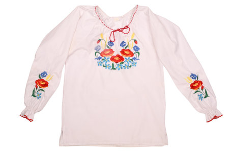 linen embroidered shirt for girl isolated on white. Front view.の写真素材
