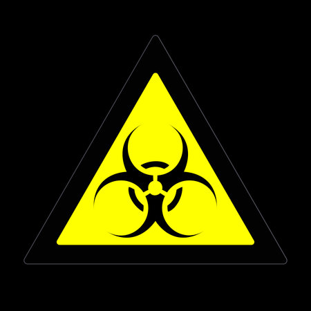 Biohazard yellow triangle warning sign. Grunge filter. Particles abstract for wallpaper or background copy mask for photo editor. High resolution photo filter.の写真素材