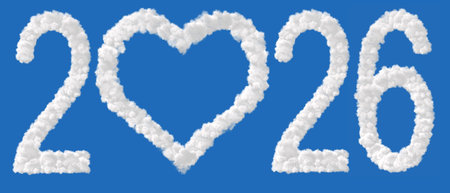 Clouds in the shape of the letter 2026 isolated on blue. High resolution photo.