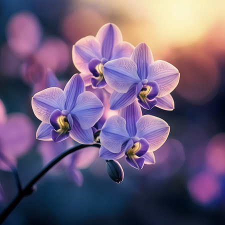 Blue orchids at sunset, beautiful sunset colors and beautiful bokeh on background. Rare and beautiful blue Phalaenopsis orchid.の素材