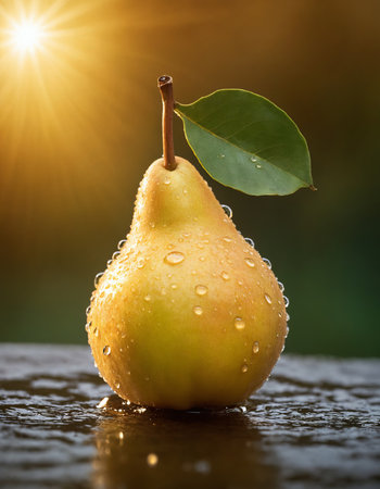 Pear, fruit, macro, portrait. Fresh pearl with water drops. Pear with water drops in backlight of sun.の素材